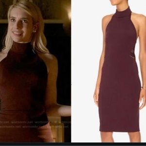 Naom Hanoch Maroon Halter Open Back Lace Panel midi dress seen on Emma Roberts